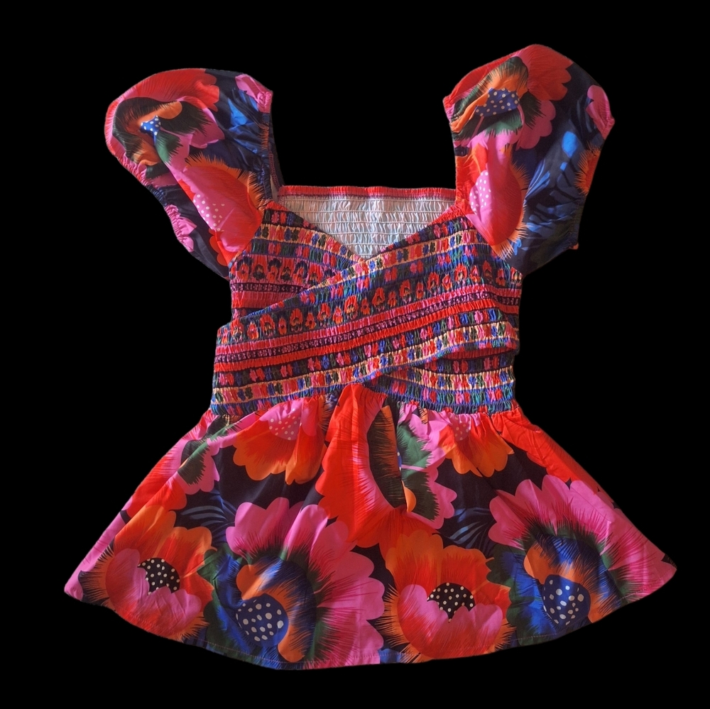 SHEIN Red & Pink Floral Smocked Peplum Top